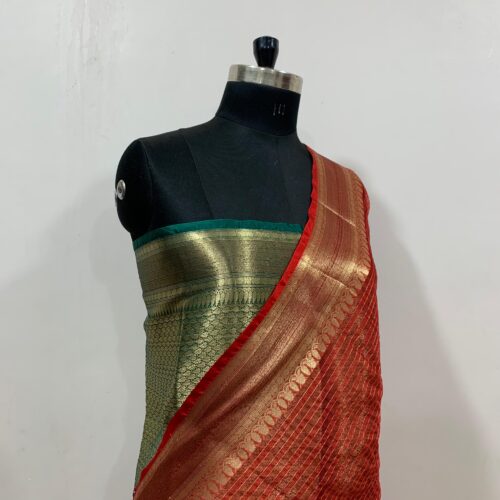 Stripe Pattern Warm Silk Saree in Red Shade - Image 2