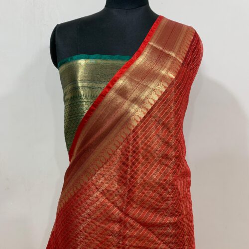 Stripe Pattern Warm Silk Saree in Red Shade - Image 4
