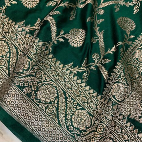 Bottle Green Shade Jaal Design Mashru Silk Saree - Image 2