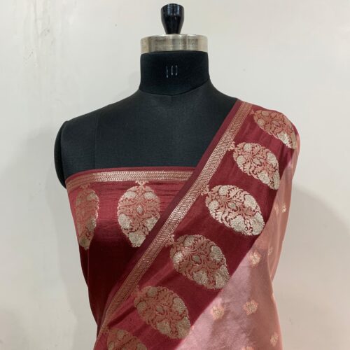 Peach Shade Booti Design Pure Dupian Silk Saree
