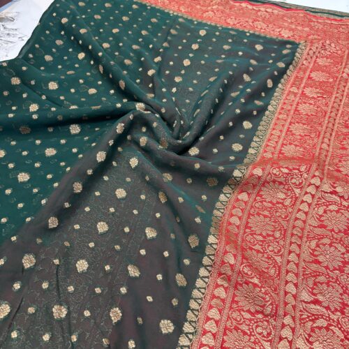 Bottle Green Shade Pure Chiffon Khaddi Silk Saree