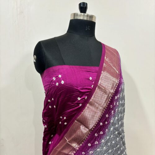 Banarasi Pure Chiniya Chunri Work Grey & Dark Pink Shade Saree - Image 2