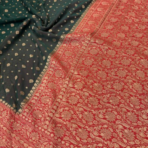Bottle Green Shade Pure Chiffon Khaddi Silk Saree - Image 2