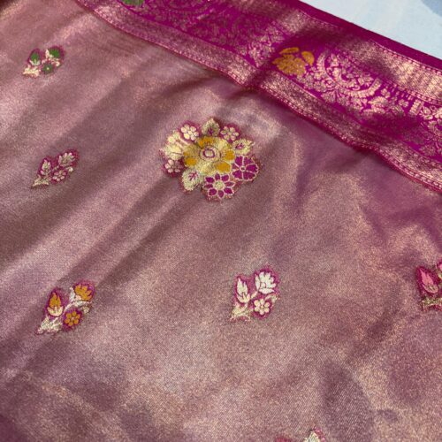 Pink Shade Booti Pattern Tissue Silk Saree - Image 3
