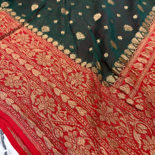 Bottle Green Shade Pure Chiffon Khaddi Silk Saree - Image 3