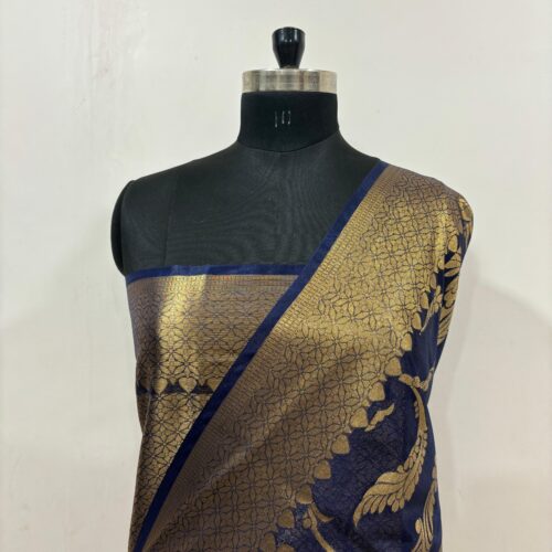 Jaal Pattern Kota Organza Silk Saree in Navy Blue Shade