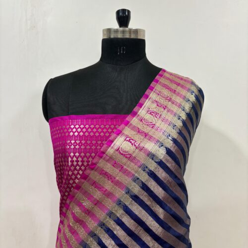 Stripe Pattern Semi Dupian Silk Saree in Navy Blue Shade
