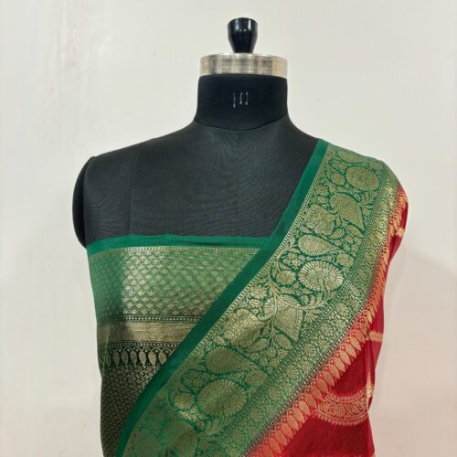Stripe Pattern Semi Dupian Silk Saree in Red Shade