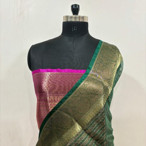 Stripe Pattern Warm Silk Saree in Green Shade