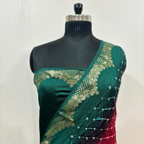 Banarasi Pure Chiniya Chunri Work Red & Green Shade Saree