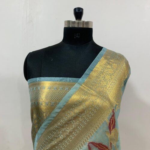 Big Boota Pattern Organza Silk Saree in Lite Green Shade