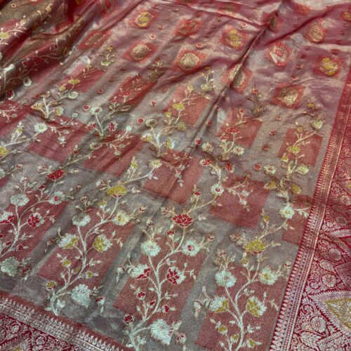 Red Shade Jaal Pattern Tissue Silk Saree