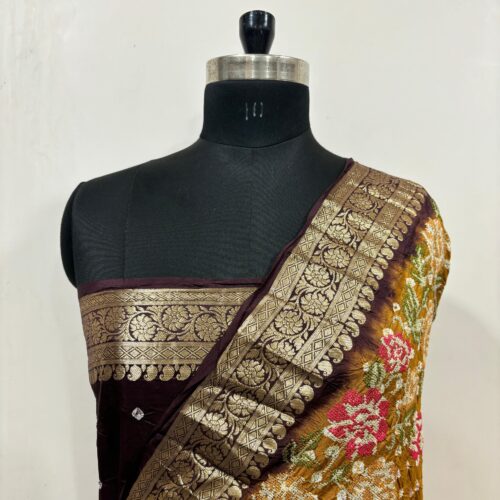 Banarasi Pure Chiniya Chunri & Embroidery Work Rust Orange & Brown Shade Saree