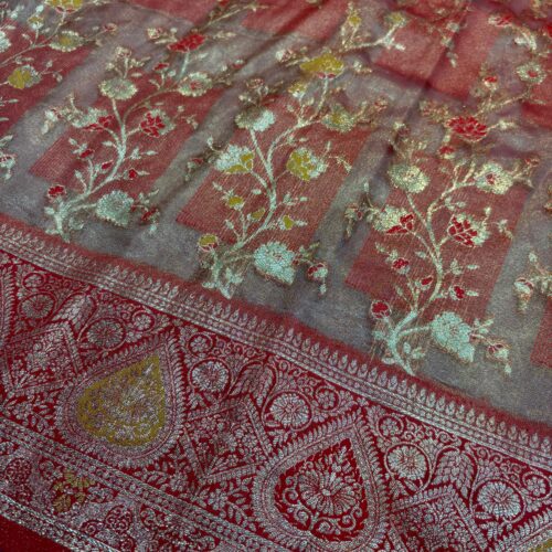 Red Shade Jaal Pattern Tissue Silk Saree - Image 2