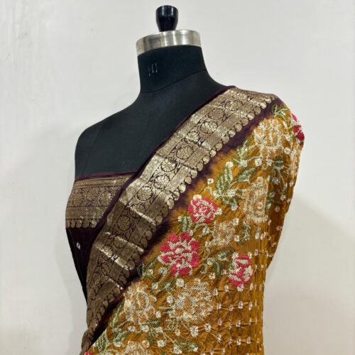 Banarasi Pure Chiniya Chunri & Embroidery Work Rust Orange & Brown Shade Saree - Image 2