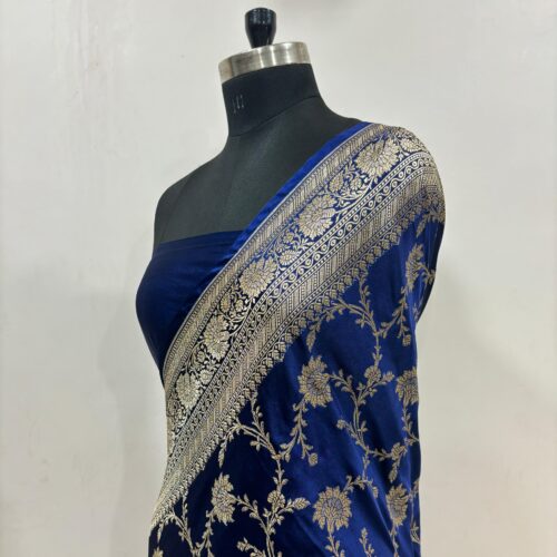 Navy Blue Shade Jaal Design Mashru Silk Saree - Image 3