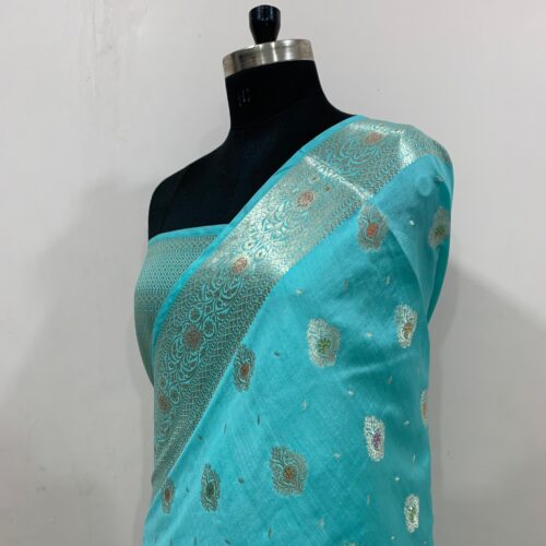 Rama Shade Booti Design Pure Dupian Silk Saree - Image 3