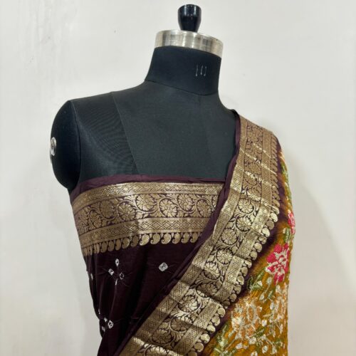 Banarasi Pure Chiniya Chunri & Embroidery Work Rust Orange & Brown Shade Saree - Image 3
