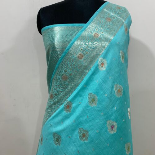 Rama Shade Booti Design Pure Dupian Silk Saree - Image 4
