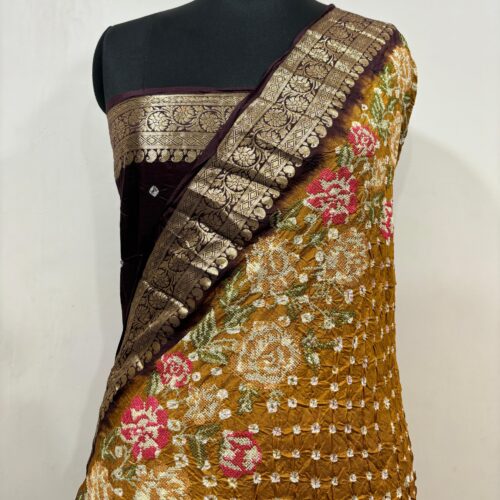 Banarasi Pure Chiniya Chunri & Embroidery Work Rust Orange & Brown Shade Saree - Image 4