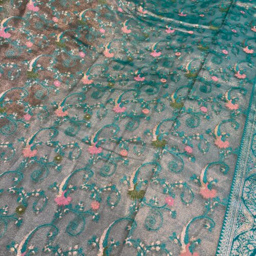 Peacock Shade Jaal Pattern Tissue Silk Saree