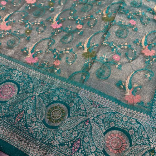 Peacock Shade Jaal Pattern Tissue Silk Saree - Image 2
