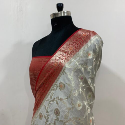 Grey Shade Jaal Design Pure Chiniya Silk Saree - Image 3