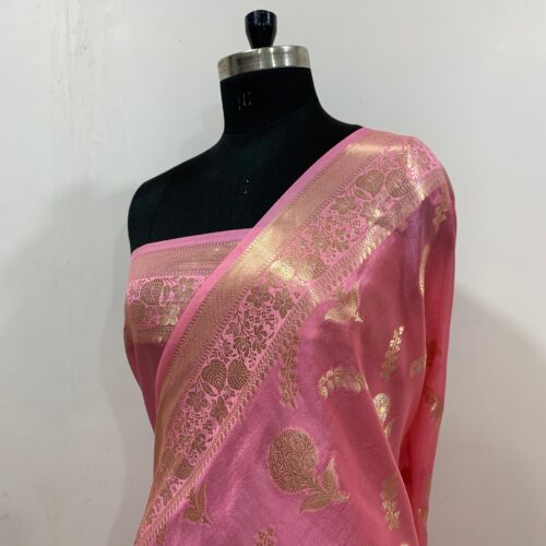 Pink Shade Booti Design Pure Dupian Silk Saree - Image 3