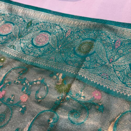 Peacock Shade Jaal Pattern Tissue Silk Saree - Image 3