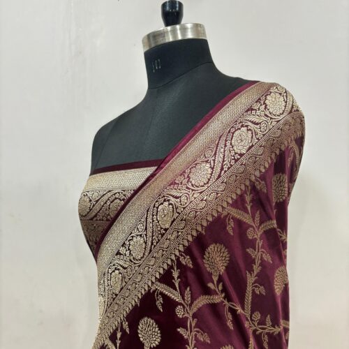 Wine Shade Jaal Design Mashru Silk Saree - Image 3