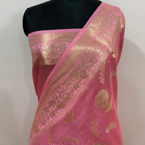 Pink Shade Booti Design Pure Dupian Silk Saree - Image 4