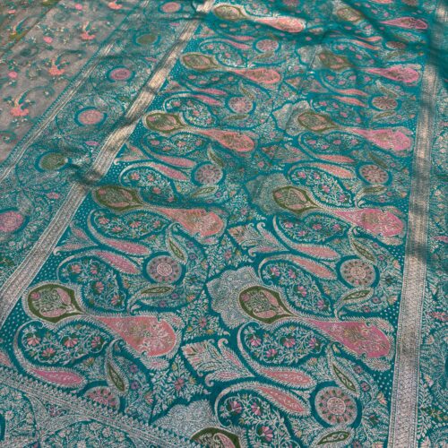Peacock Shade Jaal Pattern Tissue Silk Saree - Image 4