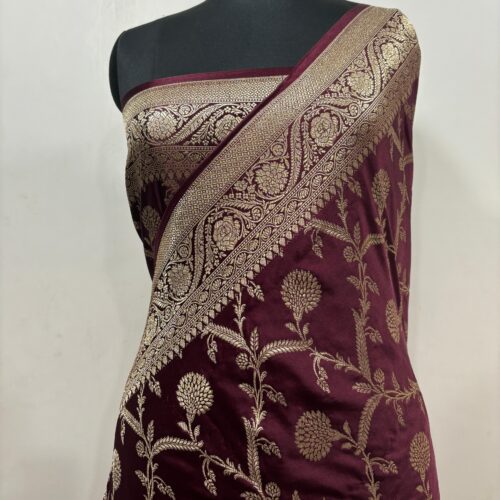 Wine Shade Jaal Design Mashru Silk Saree - Image 4