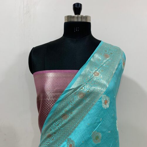 Rama Shade Booti Design Pure Chiniya Silk Saree