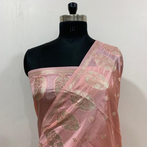 Peach Shade Booti Design Pure Dupian Silk Saree