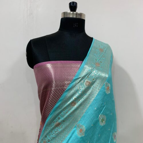 Rama Shade Booti Design Pure Chiniya Silk Saree - Image 2