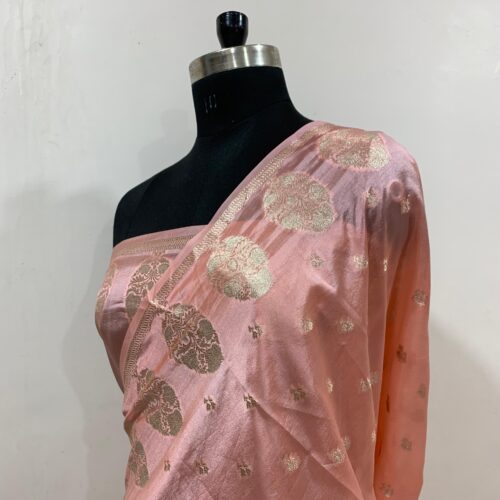 Peach Shade Booti Design Pure Dupian Silk Saree - Image 2