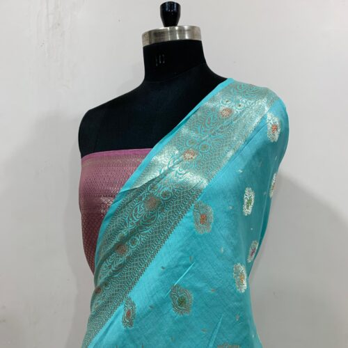Rama Shade Booti Design Pure Chiniya Silk Saree - Image 3