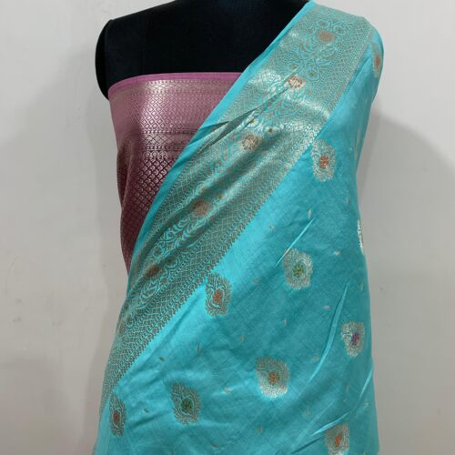 Rama Shade Booti Design Pure Chiniya Silk Saree - Image 4