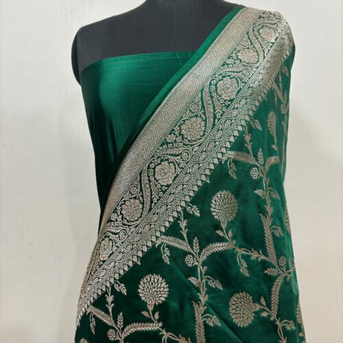 Bottle Green Shade Jaal Design Mashru Silk Saree - Image 4