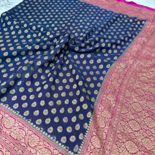 Navy Blue Shade Pure Chiffon Khaddi Silk Saree