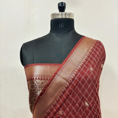 Rust Brown Shaded Check Booti Design Art Silk Saree