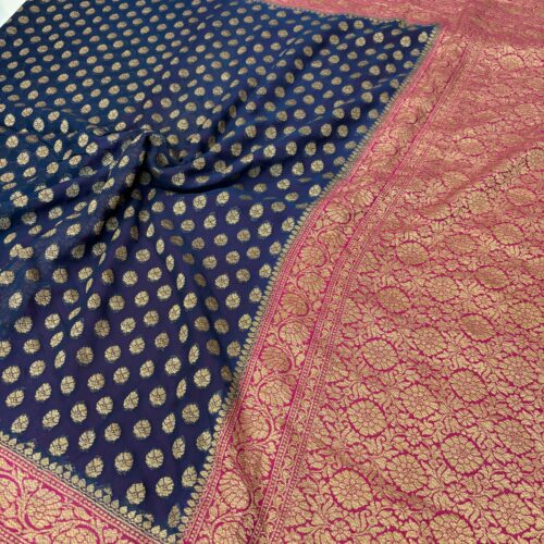 Navy Blue Shade Pure Chiffon Khaddi Silk Saree - Image 2