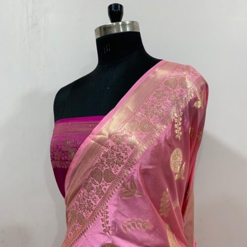 Pink Shade Booti Design Pure Dupian Silk Saree - Image 3