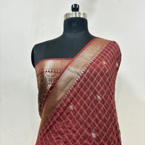 Rust Brown Shaded Check Booti Design Art Silk Saree - Image 3