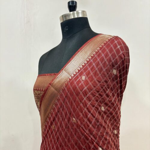 Rust Brown Shaded Check Booti Design Art Silk Saree - Image 4