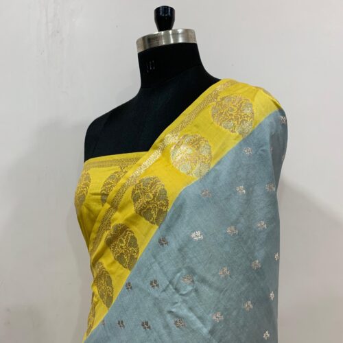 Grey Shade Booti Design Pure Dupian Silk Saree - Image 3