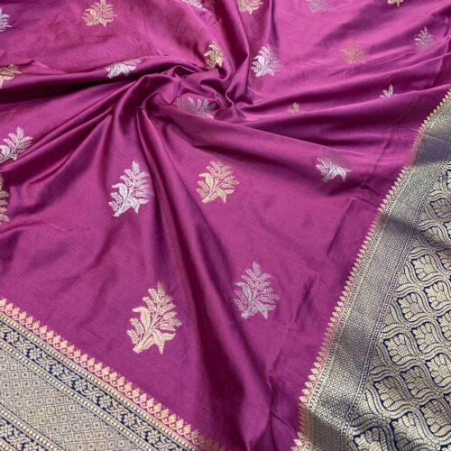 Soft Ultra Mashru Butta Pink and Navy Blue Color Saree