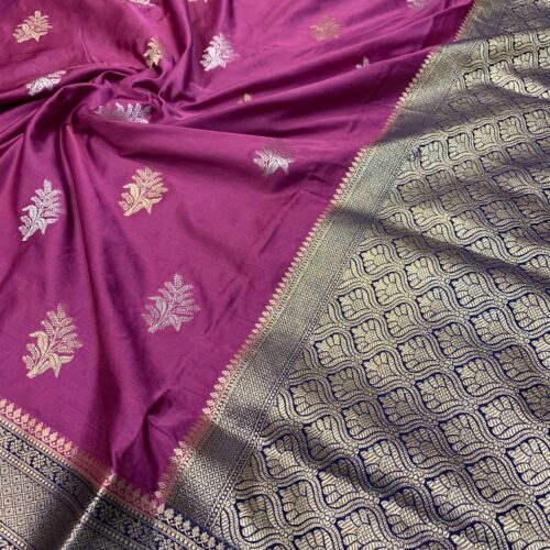 Soft Ultra Mashru Butta Pink and Navy Blue Color Saree - Image 5