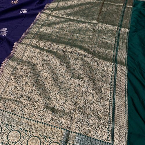 Soft Ultra Mashru Butta Navy Blue and Bottle Green Color Saree - Image 4